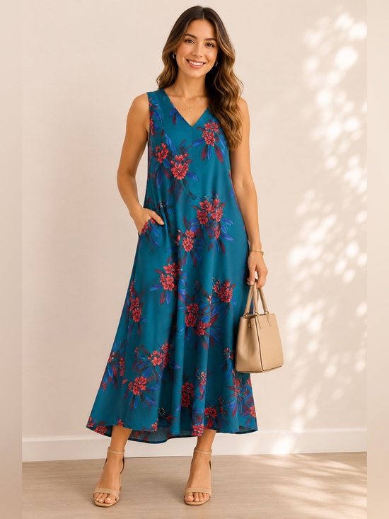 Calvin Klein Dresses & Skirts - Calvin Klein  elegant Teal Floral V-Neck Sleeveless Maxi Dress size 14